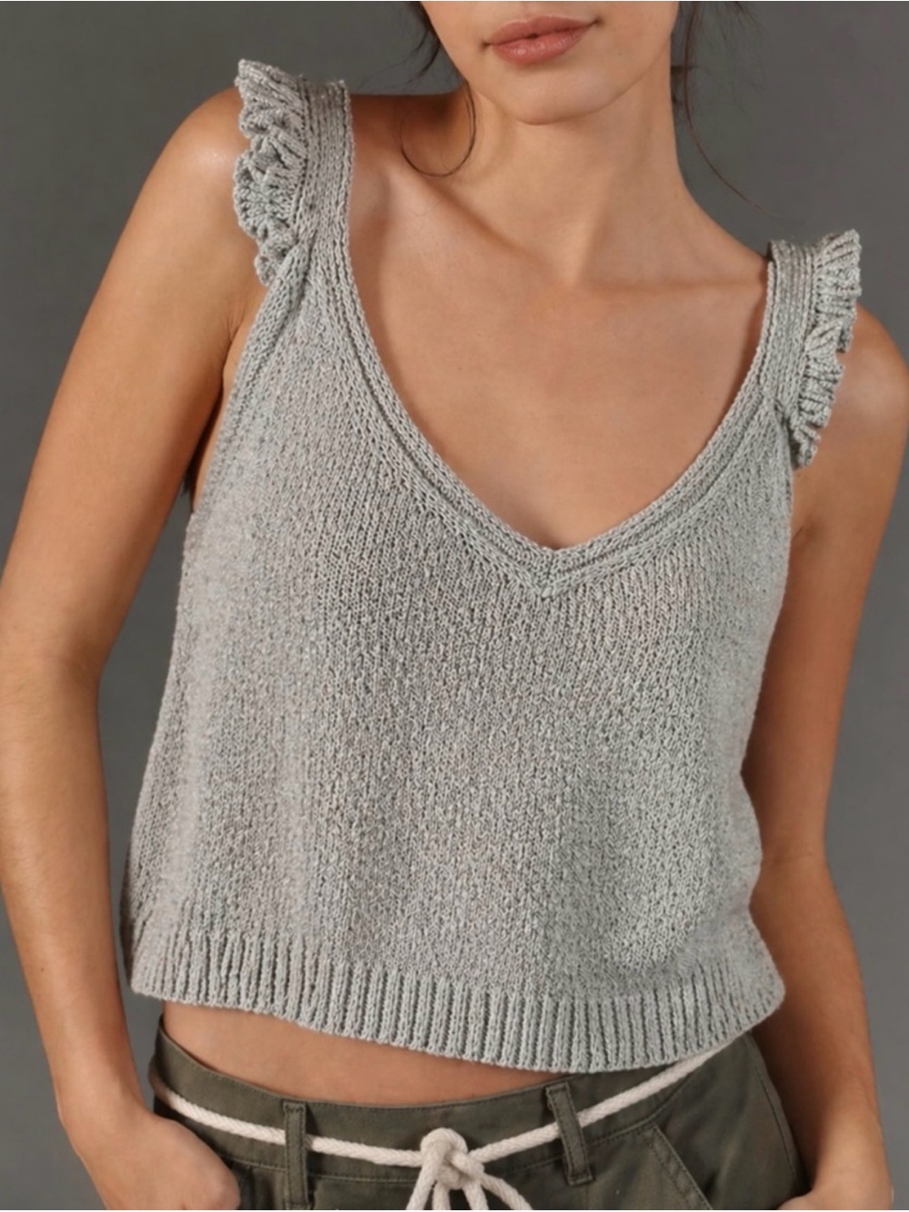 Rylee + Cru top Light Gray Ruffled Strap Knit Tank Top small
